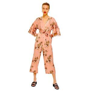Topshop Tropical Floral Pink Satin Pant Spring Summer Jumpsuit Romper sz 0